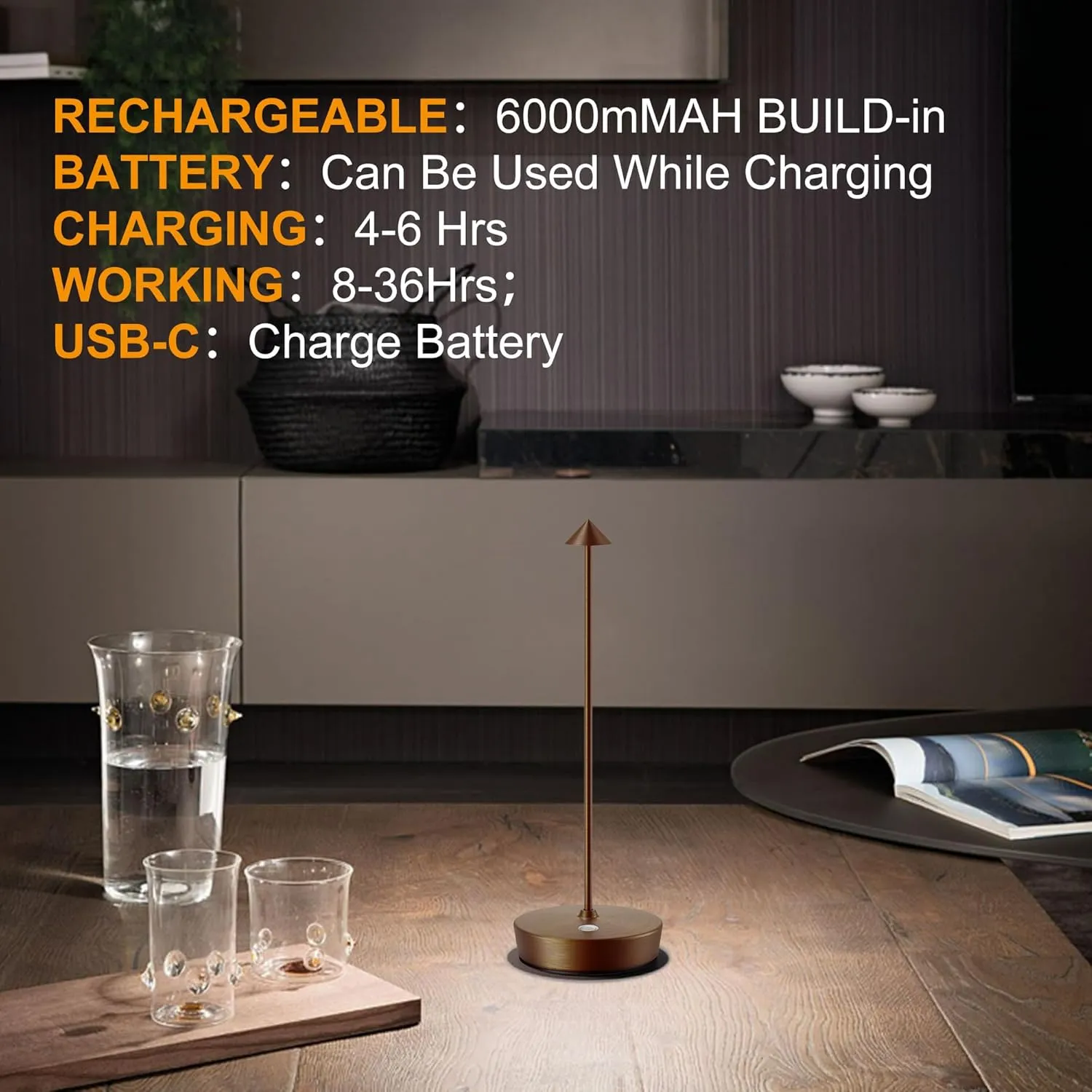 SAKRINGT 2 Pack Cordless Table Lamps Rechargeable, 6000mAh Battery Operated Waterproof Stepless Dimming Modern Portable LED Table Light for Restaurant Dining Patio Outdoor