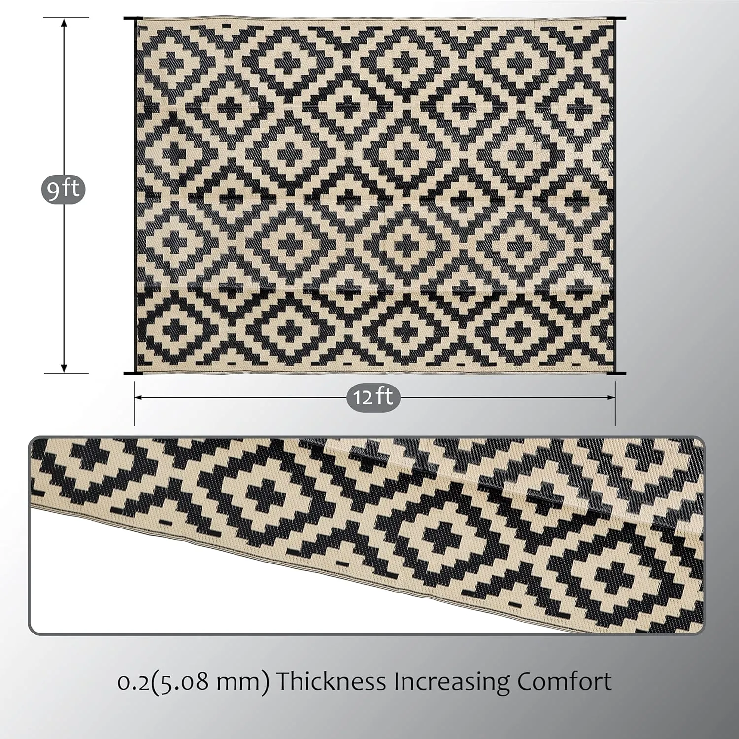 SAND MINE Waterproof Outdoor Rug 9x12 ft, Plastic Reversible Rug, Modern Area Rug, Large Floor Mat for Outdoors, RV, Patio, Backyard, Deck, Picnic, Beach, Camping