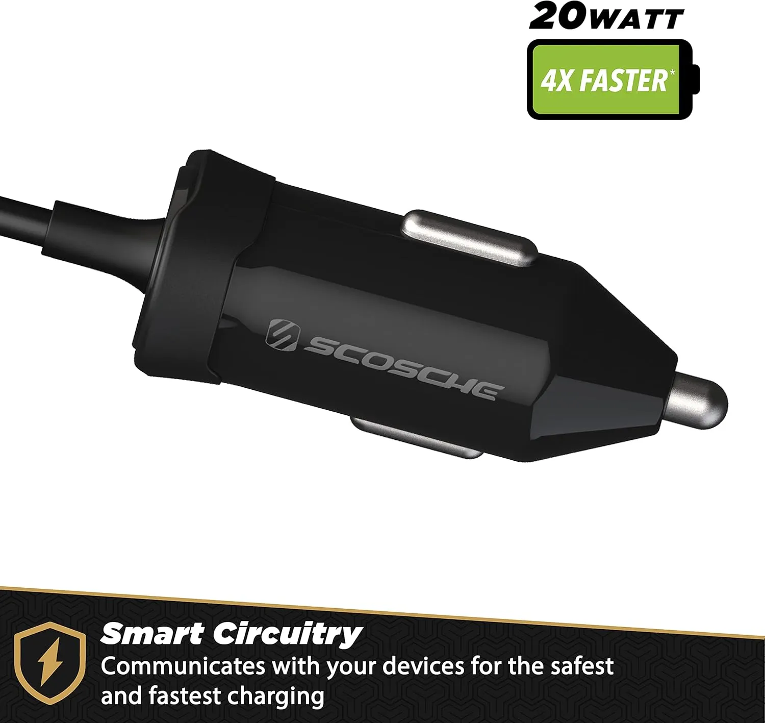 Scosche CPDi4203 PowerVolt 20-Watt MFi Certified Fast Car Charger Power Delivery 3.0 with Attached 4-Foot Adjustable Coiled Lightning Cable for All Lightning Devices