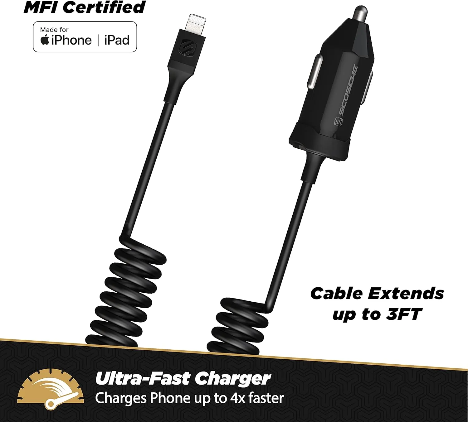 Scosche CPDi4203 PowerVolt 20-Watt MFi Certified Fast Car Charger Power Delivery 3.0 with Attached 4-Foot Adjustable Coiled Lightning Cable for All Lightning Devices