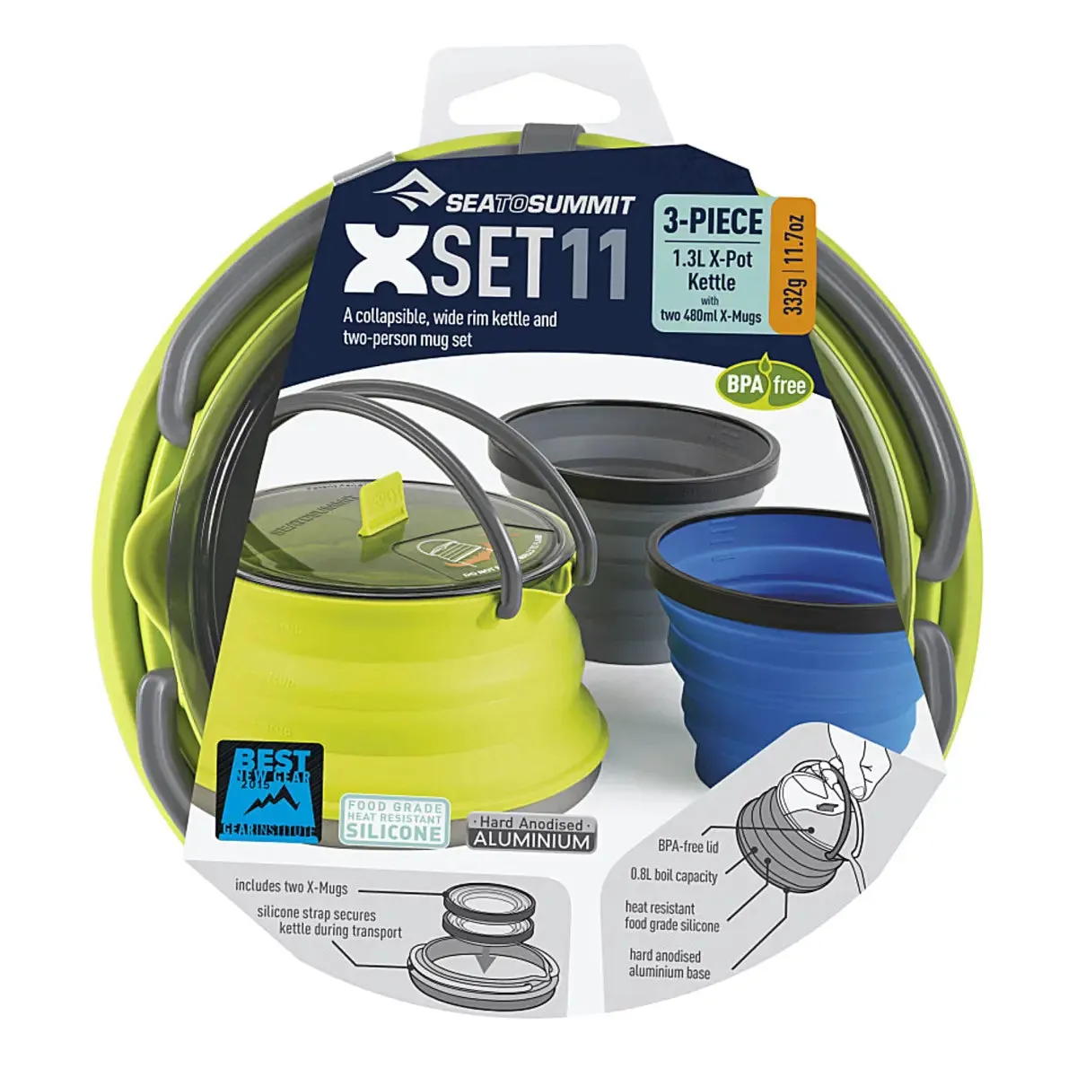 Sea to Summit X-Set 11 - 1.3L X-Pot Collapsible Kettle and 2 X-Mugs - Lime / Blue / Grey
