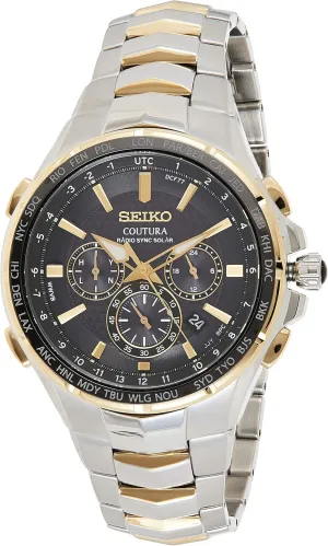 SEIKO SSG010 Watch for Men - Coutura Collection - Radio Sync Solar Chronograph, Two-Tone Stainless Steel Case & Bracelet, Black Dial with Lumibrite Hands & Markers, and Date Calendar