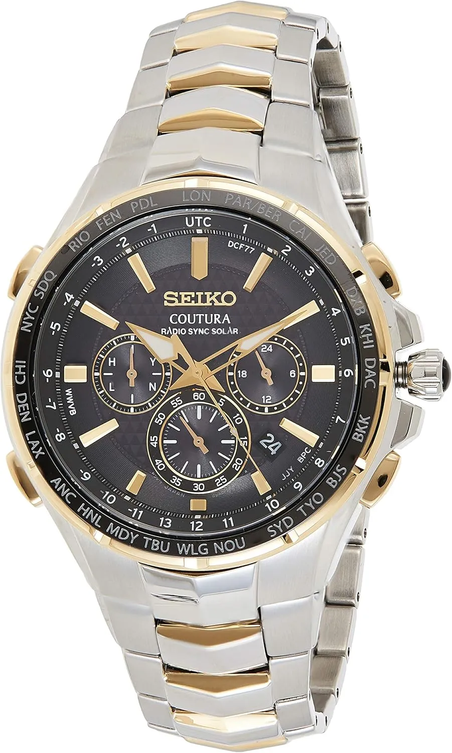 SEIKO SSG010 Watch for Men - Coutura Collection - Radio Sync Solar Chronograph, Two-Tone Stainless Steel Case & Bracelet, Black Dial with Lumibrite Hands & Markers, and Date Calendar