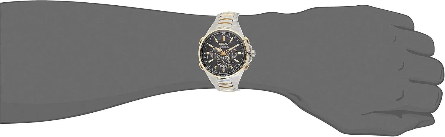 SEIKO SSG010 Watch for Men - Coutura Collection - Radio Sync Solar Chronograph, Two-Tone Stainless Steel Case & Bracelet, Black Dial with Lumibrite Hands & Markers, and Date Calendar