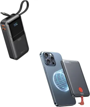 Selore&S-Global Mini Power Bank 10,000mAh with Dual Built in Cable 30W Fast Charging for iPhone & Slim Power Bank with Built in USB C Cable