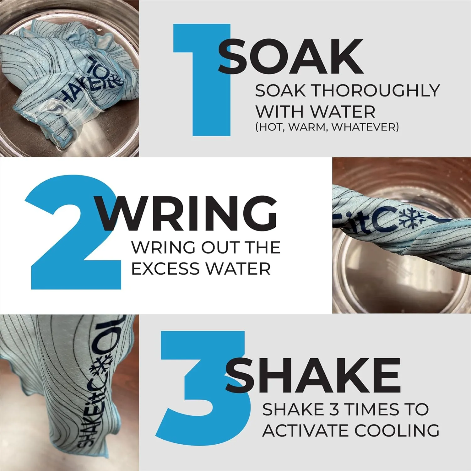 SHAKEitCOOL Original Cooling Towel – Be Cool in Style - Heat Relief, Soft, Lightweight, Sun Protection, Easy Clean - Perfect for Biking, Running, Yoga, Gym, Gardening - Blue Wave