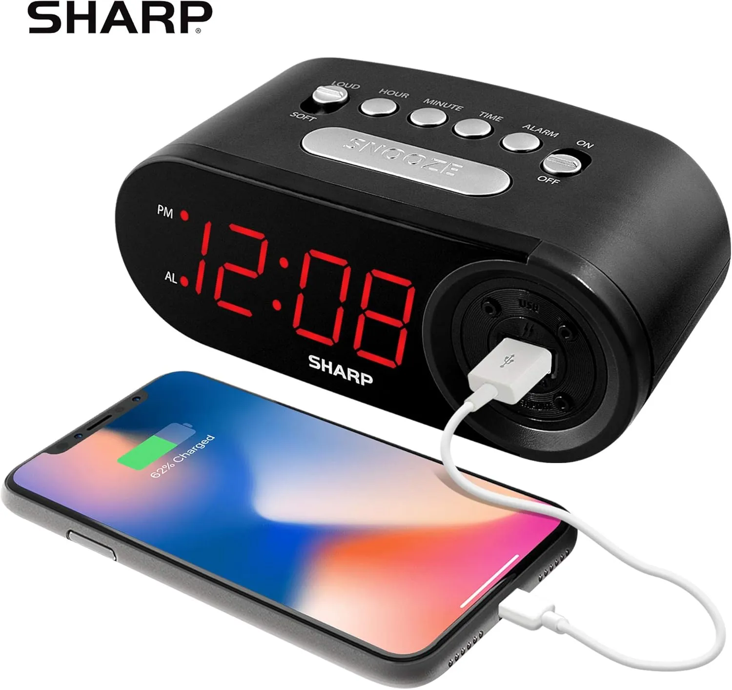 SHARP Digital Easy Read Alarm Clock with High-Speed USB Charging for Phones, Tablets - Simple Operation, Midnight Black