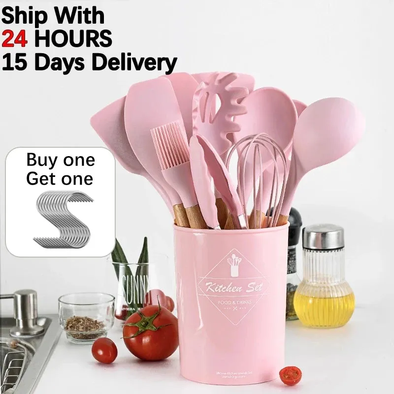Silicone Kitchenware Cooking Utensils Set Non-stick Cookware Spatula Shovel Egg Beaters Wooden Handle Kitchen Cooking Tool Set