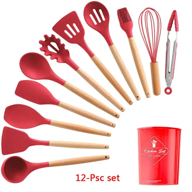 Silicone Kitchenware Cooking Utensils Set Non-stick Cookware Spatula Shovel Egg Beaters Wooden Handle Kitchen Cooking Tool Set