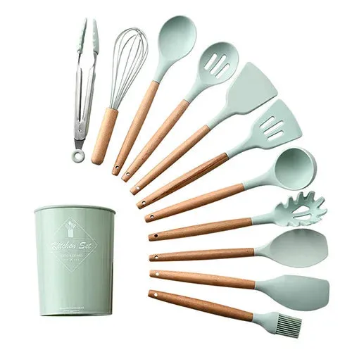 Silicone Kitchenware Cooking Utensils Set Non-stick Cookware Spatula Shovel Egg Beaters Wooden Handle Kitchen Cooking Tool Set