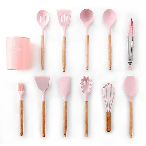 Silicone Kitchenware Cooking Utensils Set Non-stick Cookware Spatula Shovel Egg Beaters Wooden Handle Kitchen Cooking Tool Set