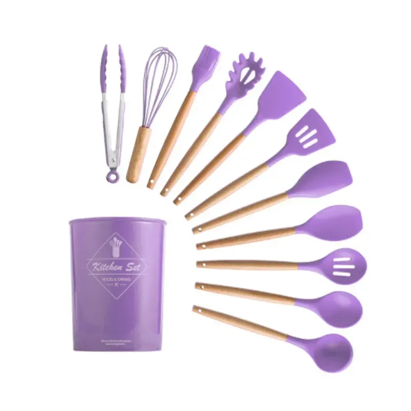 Silicone Kitchenware Cooking Utensils Set Non-stick Cookware Spatula Shovel Egg Beaters Wooden Handle Kitchen Cooking Tool Set