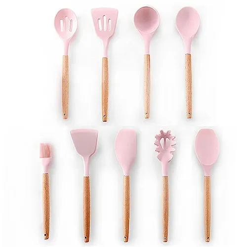 Silicone Kitchenware Cooking Utensils Set Non-stick Cookware Spatula Shovel Egg Beaters Wooden Handle Kitchen Cooking Tool Set