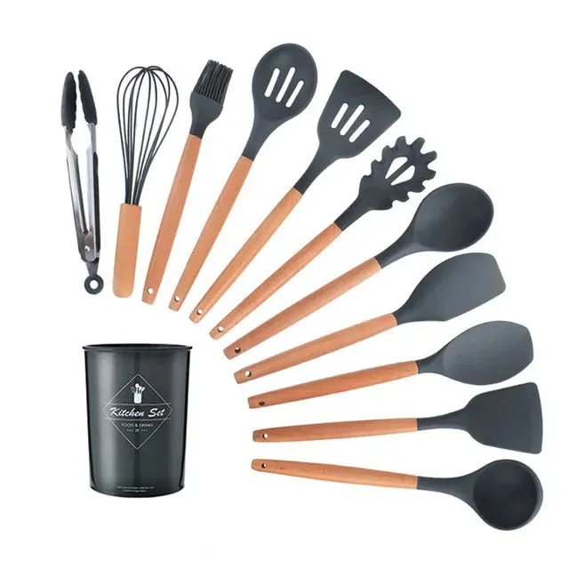 Silicone Kitchenware Cooking Utensils Set Non-stick Cookware Spatula Shovel Egg Beaters Wooden Handle Kitchen Cooking Tool Set