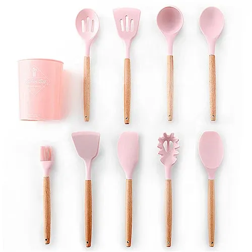 Silicone Kitchenware Cooking Utensils Set Non-stick Cookware Spatula Shovel Egg Beaters Wooden Handle Kitchen Cooking Tool Set