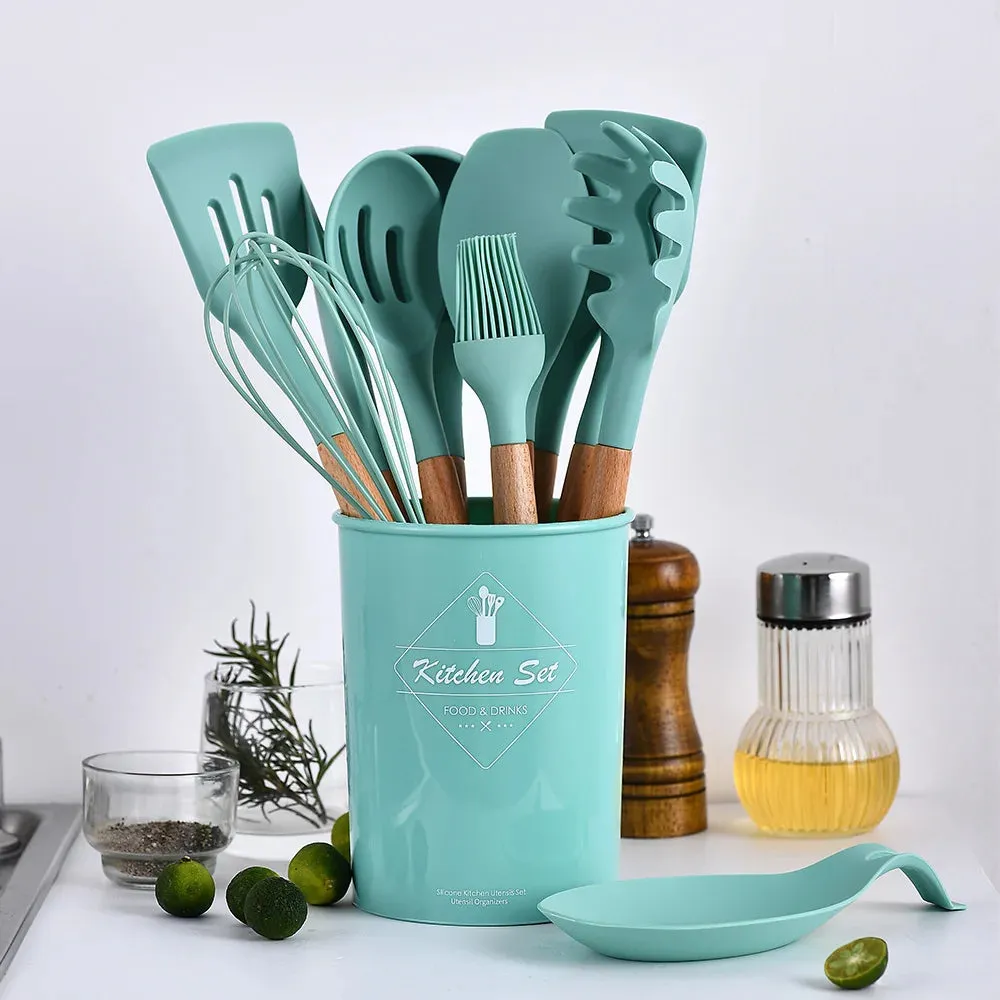 Silicone Kitchenware Cooking Utensils Set Non-stick Cookware Spatula Shovel Egg Beaters Wooden Handle Kitchen Cooking Tool Set