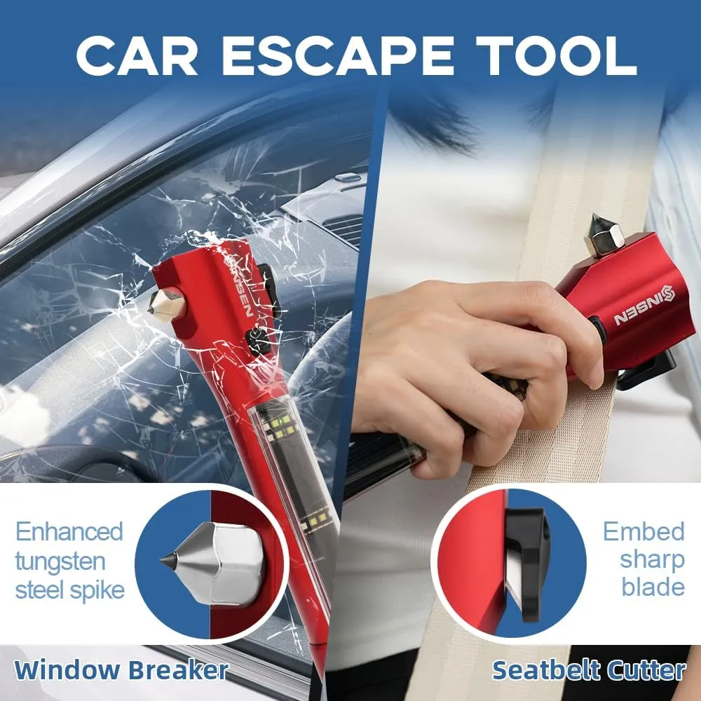 SINSEN Emergency Flashlight for Car, Seatbelt Cutter Window Breaker, 16-in-1 Multifunctional Safety Tool—Glass Hammer/Bright Solar Torch/Rechargeable/Rescue Alarm & Beacon/Repair Magnet