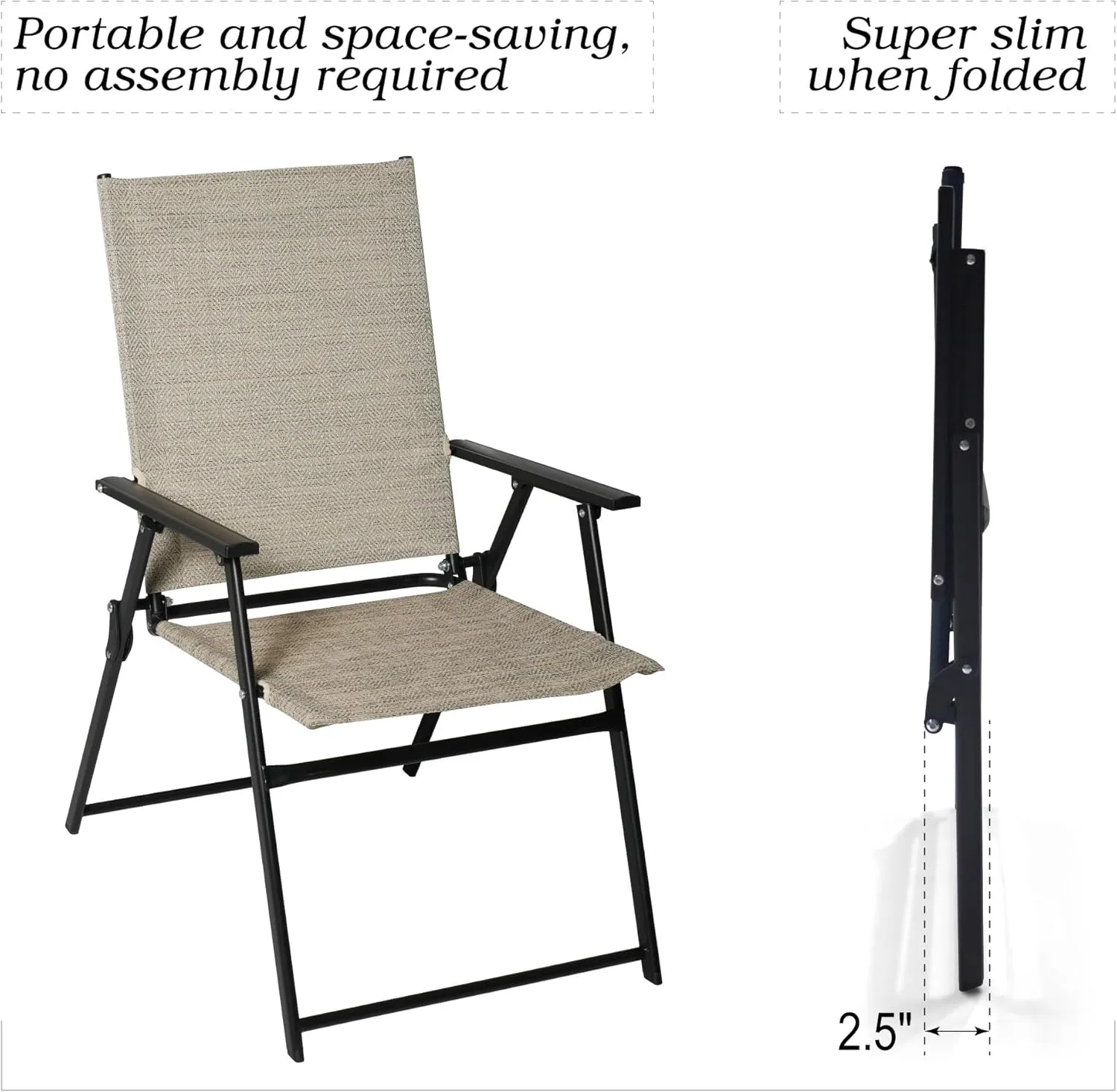 Sling Folding Patio Dining Chairs Set of 2 with High Back and Armrests for Outdoor Camping, Garden - Beige