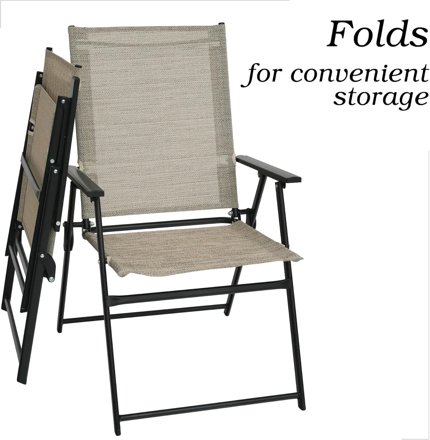 Sling Folding Patio Dining Chairs Set of 2 with High Back and Armrests for Outdoor Camping, Garden - Beige