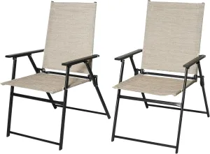 Sling Folding Patio Dining Chairs Set of 2 with High Back and Armrests for Outdoor Camping, Garden - Beige