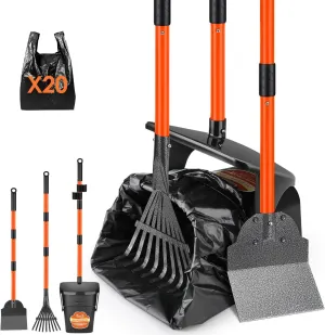 SlowTon Dog Pooper Scooper - 37.4" Long Handle Adjustable Metal Swivel Bin & Rake & Spade Kit with 20 Waste Bags, Portable Pooper Scooper for Gravel Lawn Grass, Suit for Small Medium Large Dog