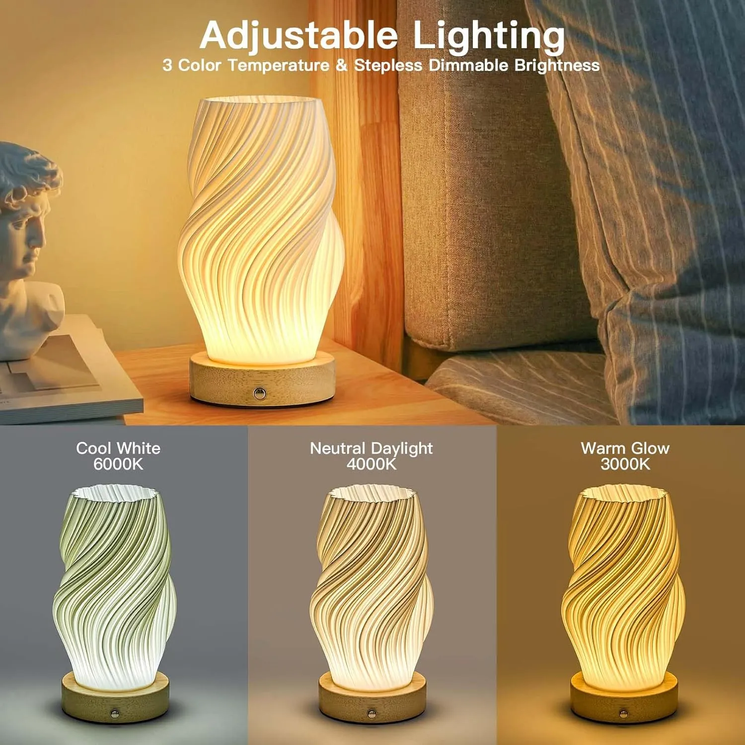Small Battery Operated Lamp, Modern Table Lamp, Rechargeable, Touch Control, 3 Color Temperature, Dimmable, Bedside Table, Flame