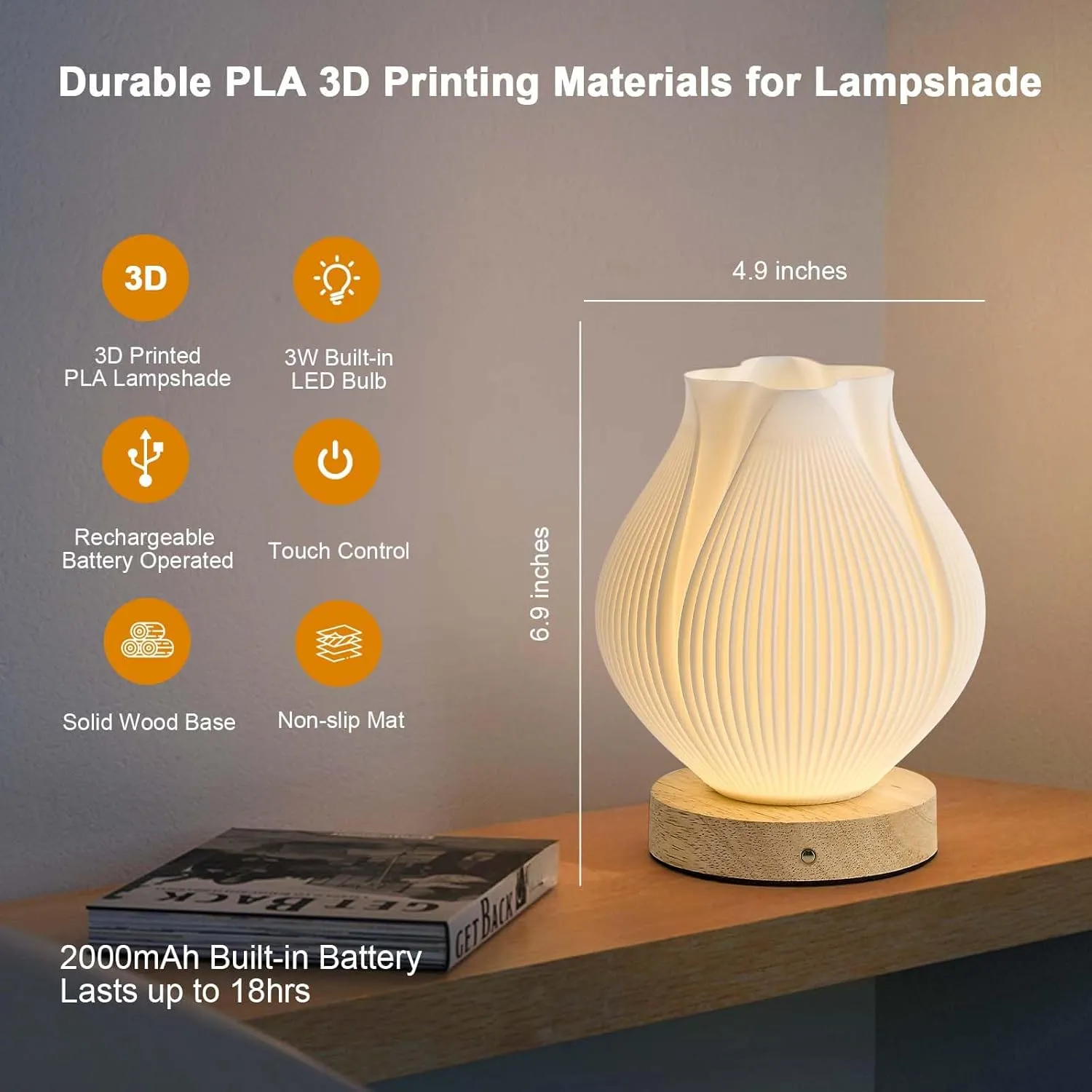 Small Battery Operated Lamp, Modern Table Lamp, Rechargeable, Touch Control, 3 Color Temperature, Dimmable, Bedside Table, Tulip