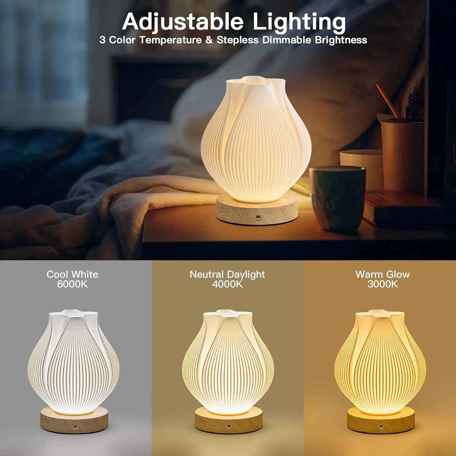 Small Battery Operated Lamp, Modern Table Lamp, Rechargeable, Touch Control, 3 Color Temperature, Dimmable, Bedside Table, Tulip