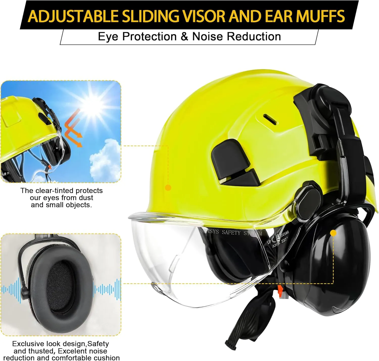 SMASYS Safety Hard Hat with Visor Ear Muffs- Adjustable ABS Climbing Helmet 6-Point Suspension Perfect for Construction Head Protection Hardhats Hear, Bule