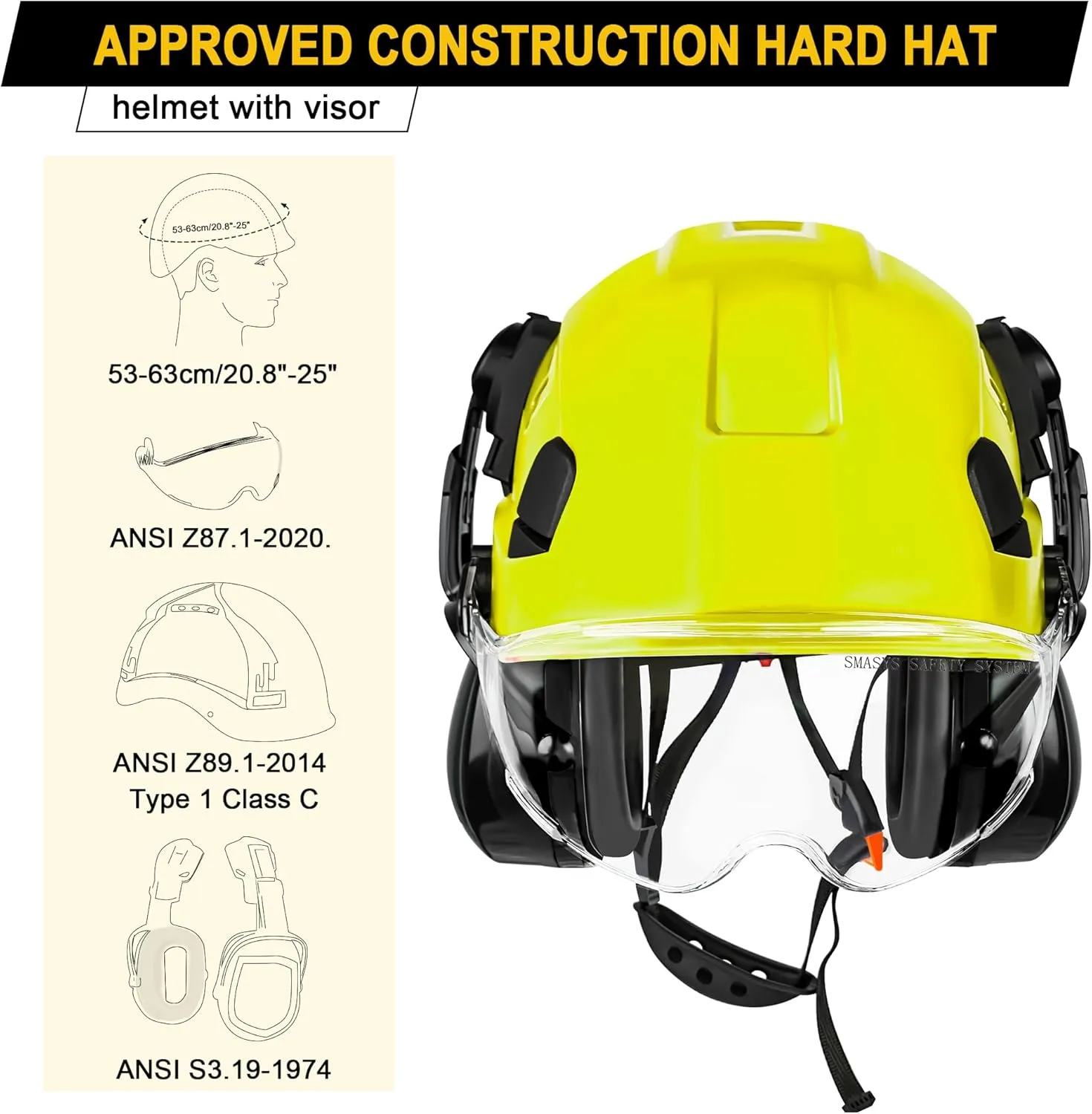 SMASYS Safety Hard Hat with Visor Ear Muffs- Adjustable ABS Climbing Helmet 6-Point Suspension Perfect for Construction Head Protection Hardhats Hear, Bule
