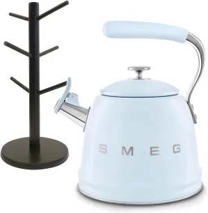 SMEG 50's Retro Style Whistling Kettle & divvi! Mug Tree Bundle - Pastel Blue
