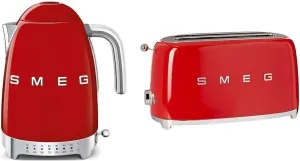 Smeg Red 50's Retro Variable Temp Kettle, 4 Slice Toaster, Steel Ball Lever Knob, Slice Pop-up