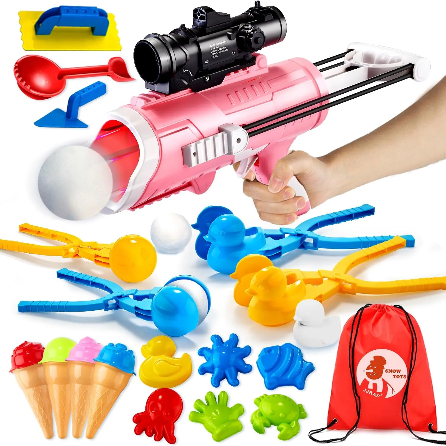Snowball Maker Toy for Kids 24 Pcs Winter Outdoor Toys with Snowball Launcher Gun, Duck Snowball Maker, Animal Sand Molds Beach Toys for Toddlers Kids Girls（Pink）
