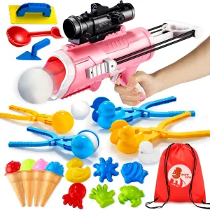Snowball Maker Toy for Kids 24 Pcs Winter Outdoor Toys with Snowball Launcher Gun, Duck Snowball Maker, Animal Sand Molds Beach Toys for Toddlers Kids Girls（Pink）
