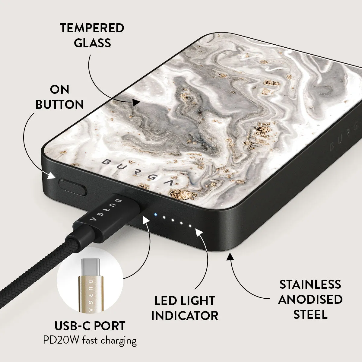 Snowstorm - Grey Marble Magnetic Power Bank