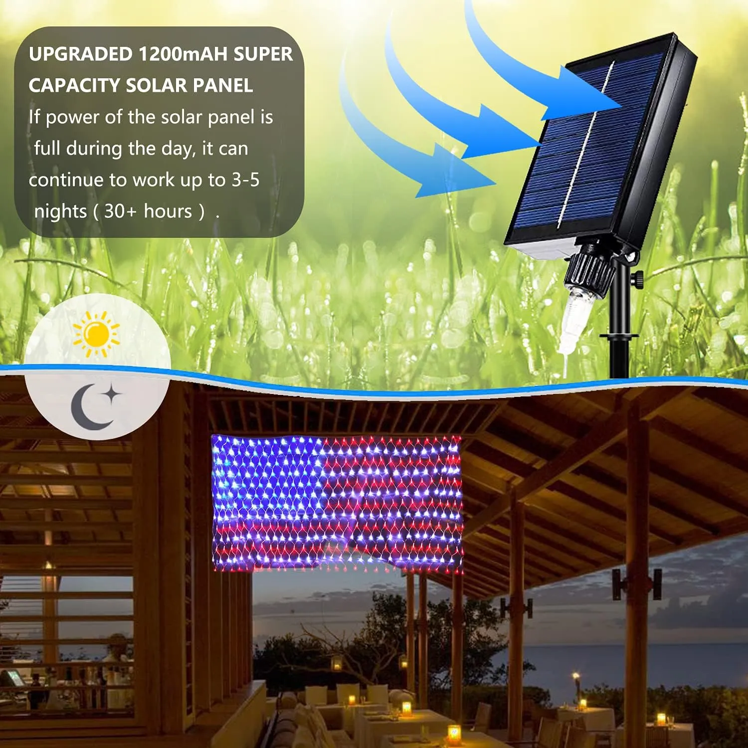 Solar American Flag String Lights - Waterproof 420 Led Solar Powered Flag Net Light for 4th of July Memorial Day Decorations Yard Garden Christmas Festival Holiday Patriotic Party Decoration Outdoor