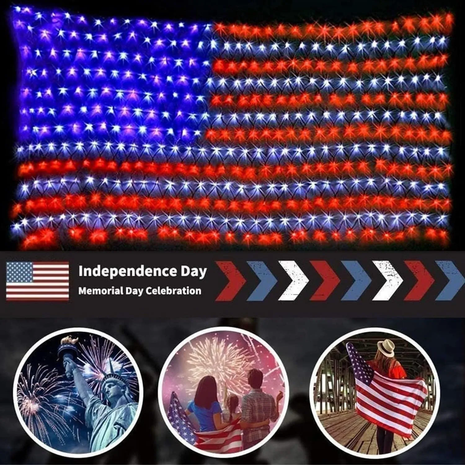 Solar American US Flag Lights [Solar & USB 2 Power Way], 420 LEDs Waterproof USA Net Lights, 6.75 FT x 3.53 for Garden, 4th of July, Independence Day Decoration