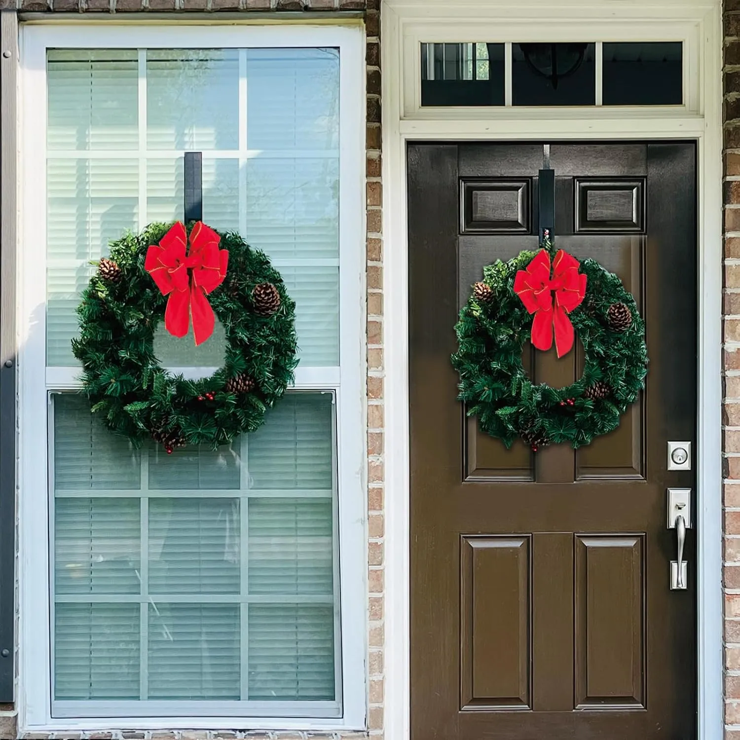 Solar Christmas Wreath Pre-Lit Solar 50 Led Artificial Wreath Outdoor Front Door Window Christmas Decorations with Frosted Branches Pine Cones Berry Clusters Red Velvet Bows 24 Inches