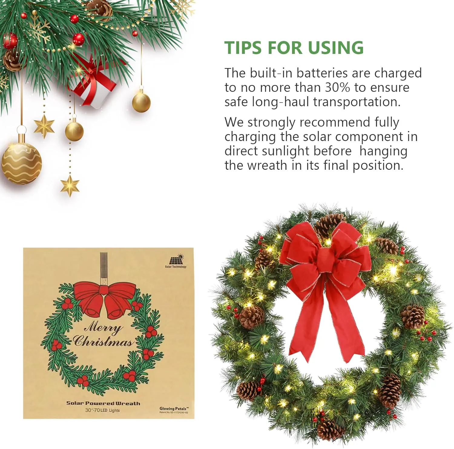 Solar Christmas Wreath Pre-Lit Solar 50 Led Artificial Wreath Outdoor Front Door Window Christmas Decorations with Frosted Branches Pine Cones Berry Clusters Red Velvet Bows 24 Inches