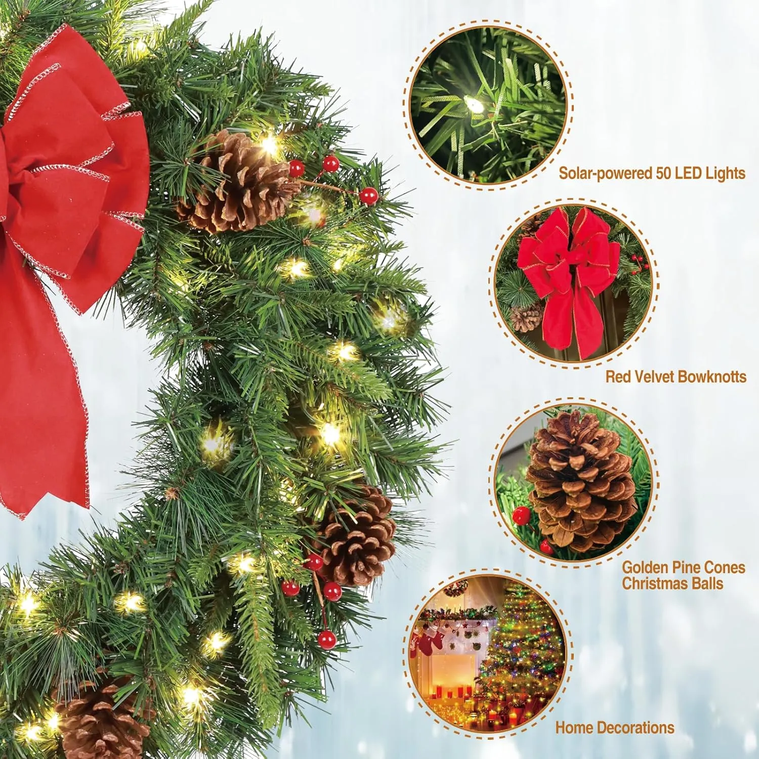 Solar Christmas Wreath Pre-Lit Solar 50 Led Artificial Wreath Outdoor Front Door Window Christmas Decorations with Frosted Branches Pine Cones Berry Clusters Red Velvet Bows 24 Inches