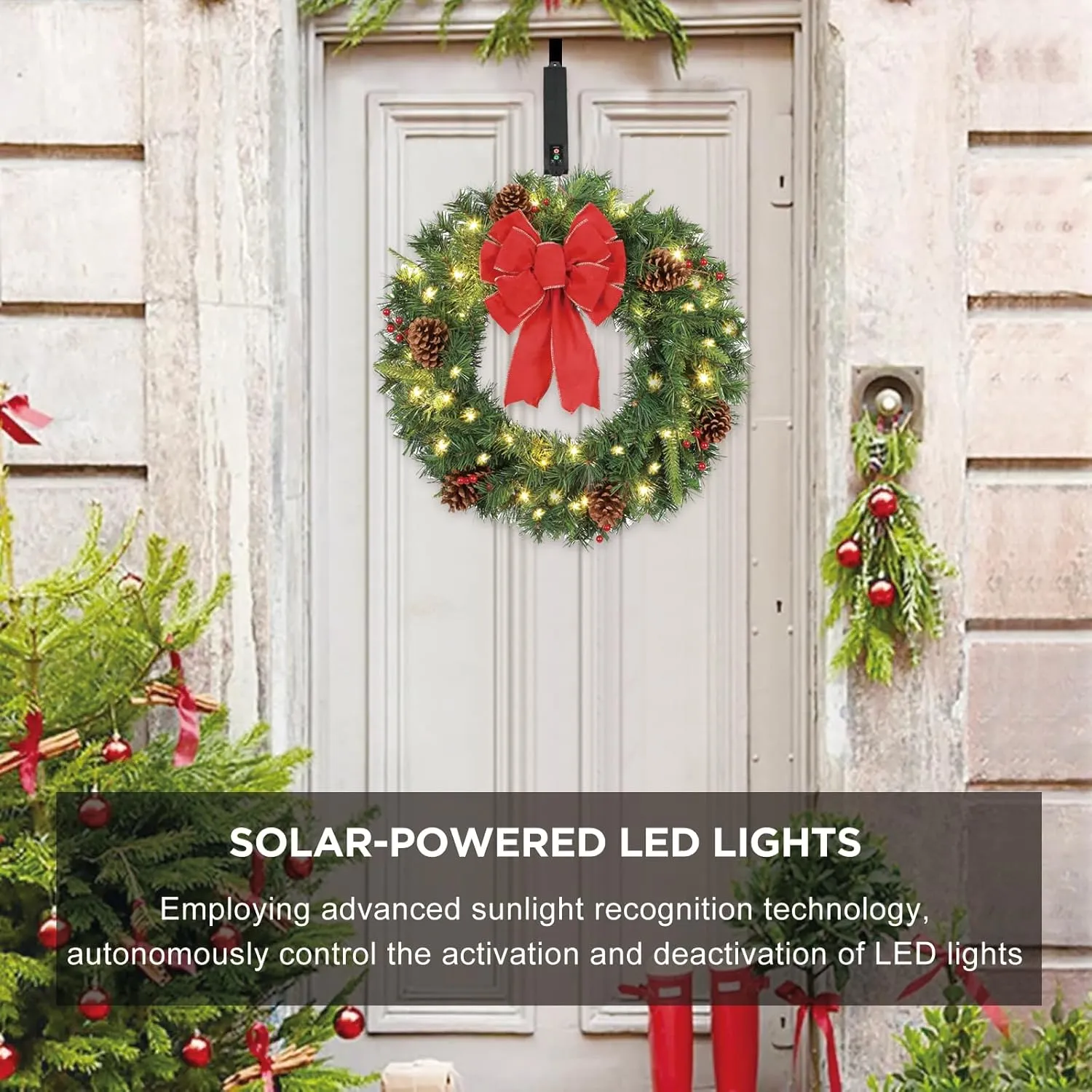 Solar Christmas Wreath Pre-Lit Solar 50 Led Artificial Wreath Outdoor Front Door Window Christmas Decorations with Frosted Branches Pine Cones Berry Clusters Red Velvet Bows 24 Inches