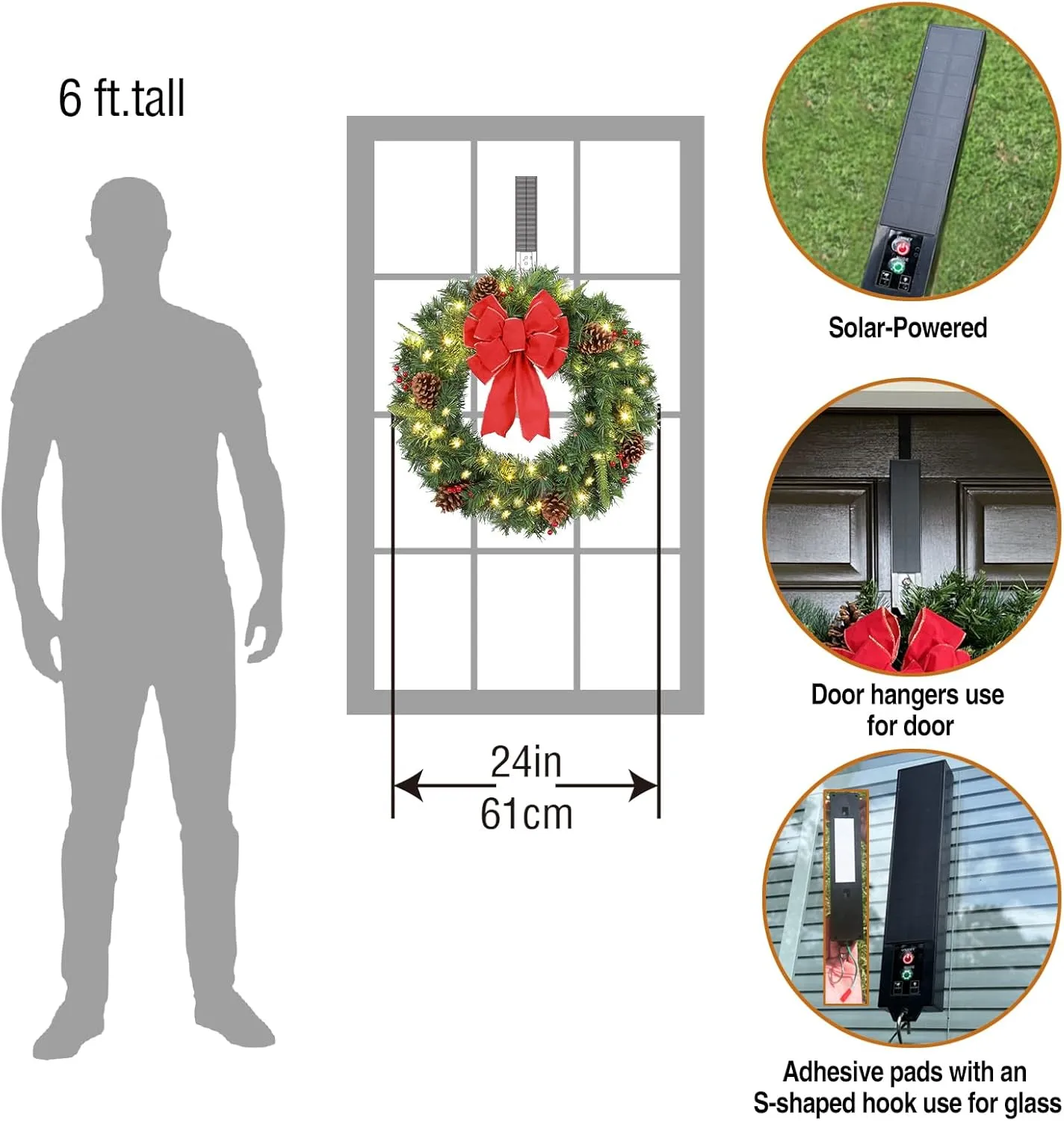 Solar Christmas Wreath Pre-Lit Solar 50 Led Artificial Wreath Outdoor Front Door Window Christmas Decorations with Frosted Branches Pine Cones Berry Clusters Red Velvet Bows 24 Inches
