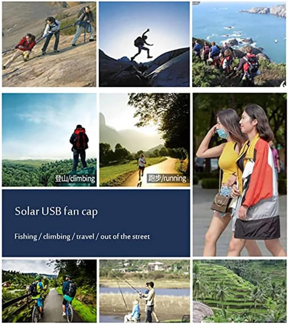Solar Fan Baseball Cap Summer UV Protection Wide Brim Sun Hat Mesh Beach Hats, Solar Powered/USB Charging