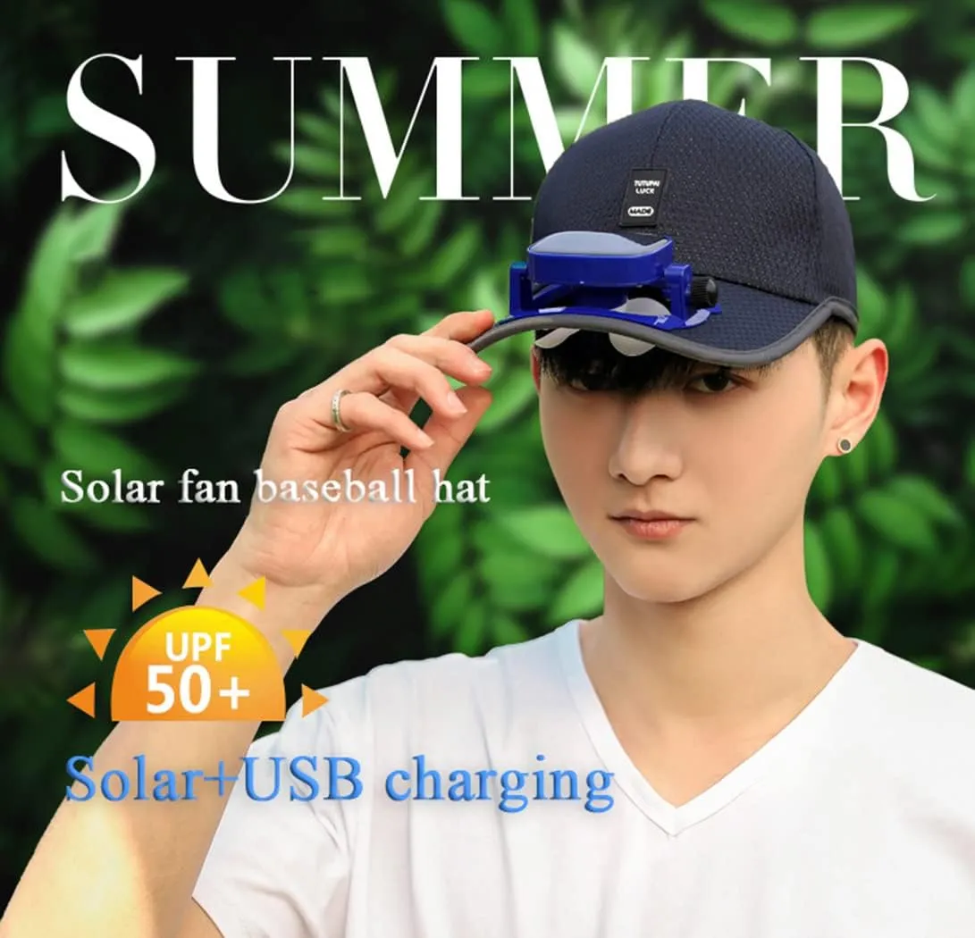 Solar Fan Baseball Cap Summer UV Protection Wide Brim Sun Hat Mesh Beach Hats, Solar Powered/USB Charging