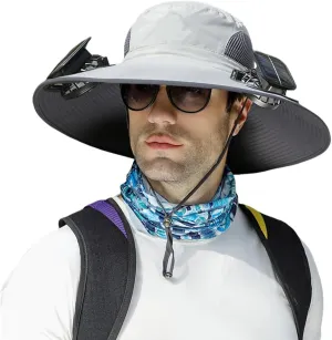 Solar Fan Hat, 2025 Outdoor Wide Brim Sun Hat, Adjustable Range 56-60cm, Sun Bucket Fishing Hats, with 2 Solar Fans