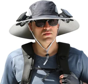 Solar Fan Hat, 2025 Outdoor Wide Brim Sun Hat, Adjustable Range 56-60cm, Sun Bucket Fishing Hats, with 2 Solar Fans