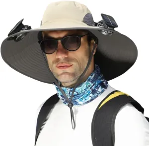 Solar Fan Hat, 2025 Outdoor Wide Brim Sun Hat, Adjustable Range 56-60cm, Sun Bucket Fishing Hats, with 2 Solar Fans