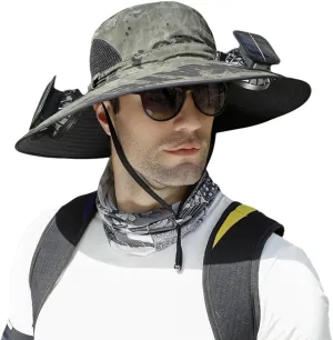 Solar Fan Hat, 2025 Outdoor Wide Brim Sun Hat, Adjustable Range 56-60cm, Sun Bucket Fishing Hats, with 2 Solar Fans