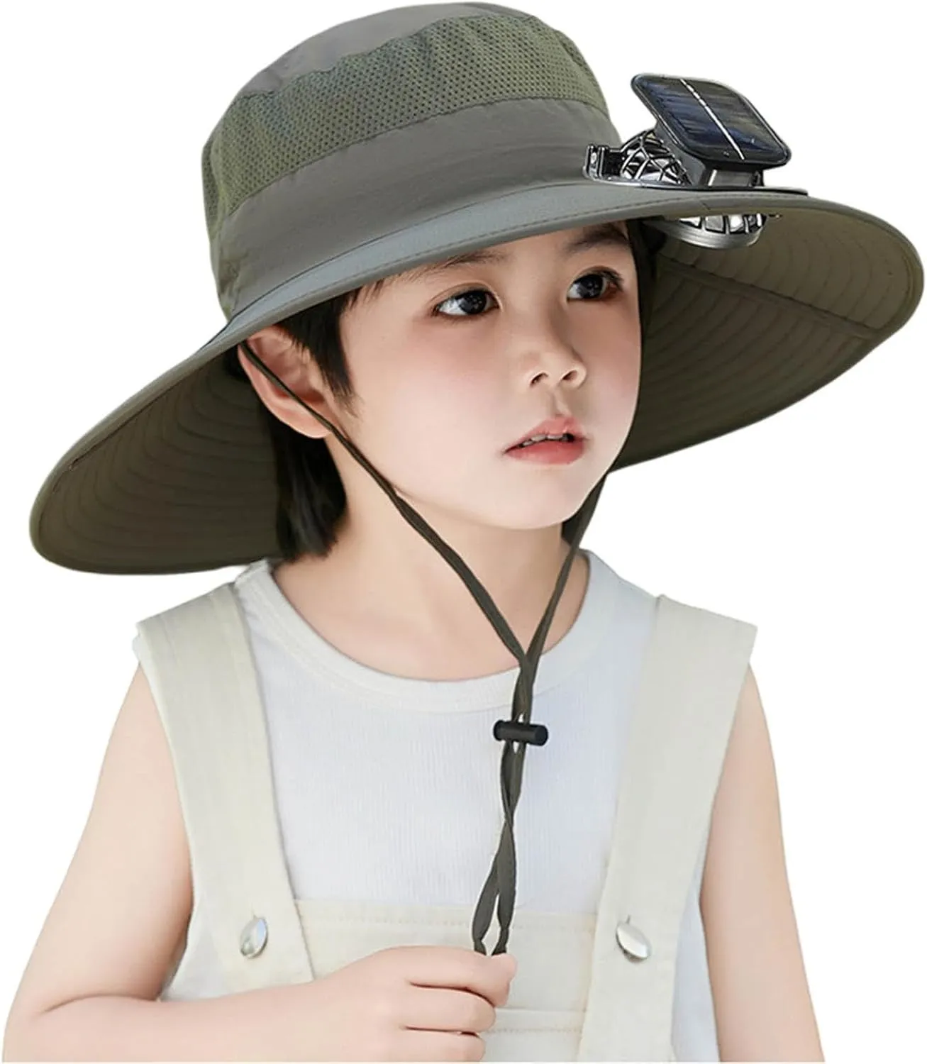 Solar Fan Hat for Children Outdoor, Wide Brims Bucket Hat, Sun Protection Fishing Beach Hat with Fan for Boy Girl