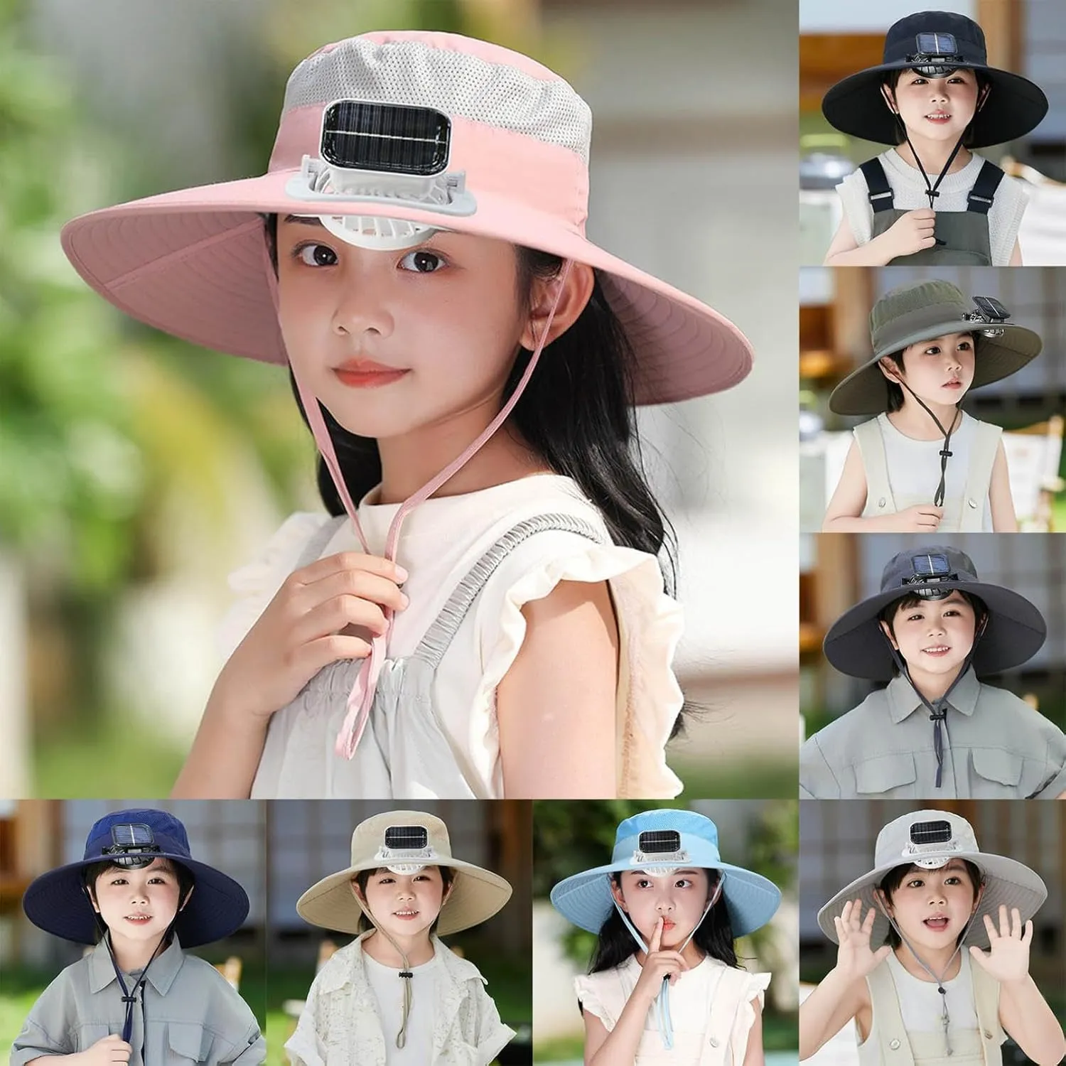 Solar Fan Hat for Children Outdoor, Wide Brims Bucket Hat, Sun Protection Fishing Beach Hat with Fan for Boy Girl